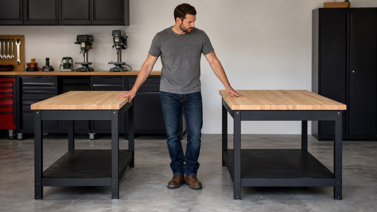 Person comparing reach across 24 inch and 30 inch workbench tops