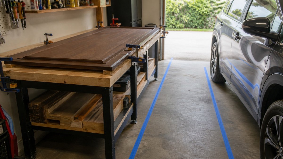 Wide project clamped on a deep workbench beside a clear vehicle aisle