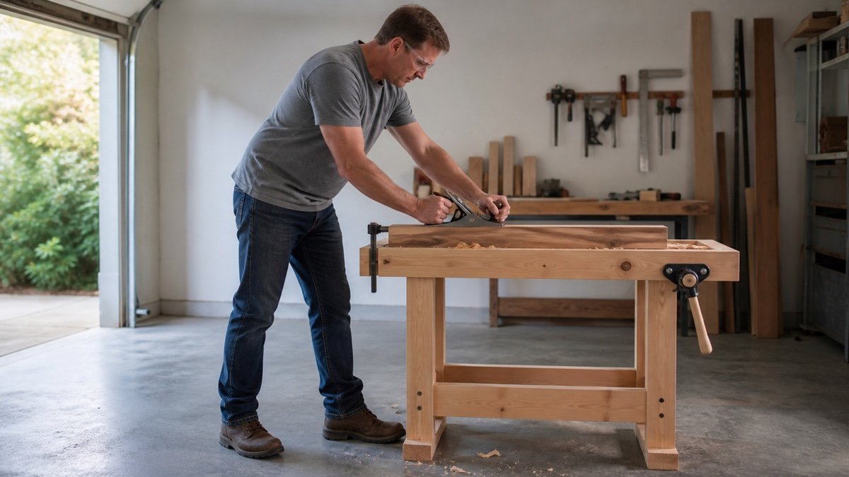 Person using a lower workbench for controlled hand planing