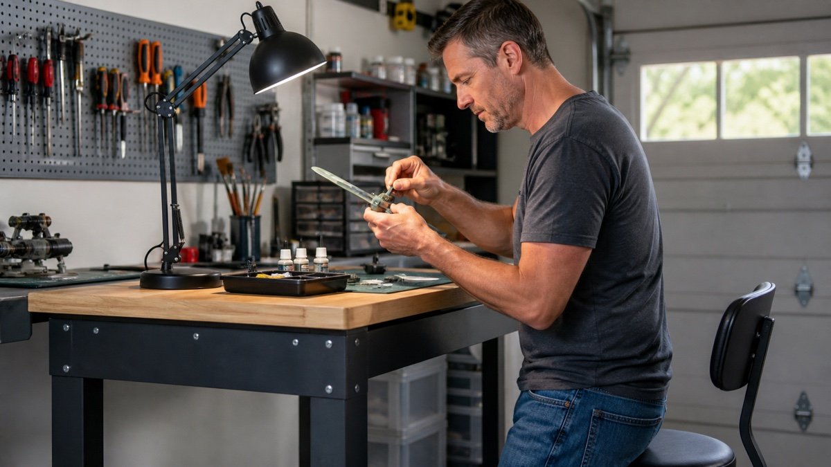 Person doing close detail work at a taller garage workbench