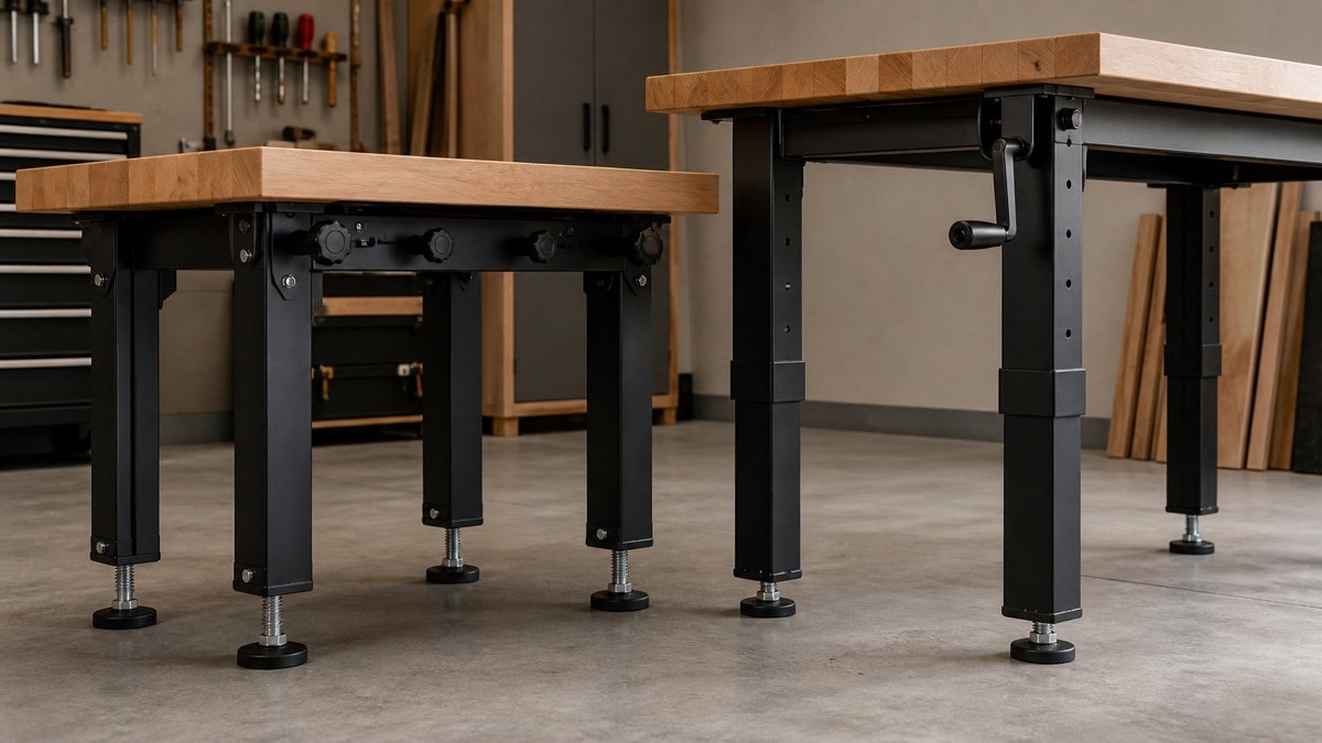 Close view of locking knob and hand crank adjustable bench frames on leveling feet