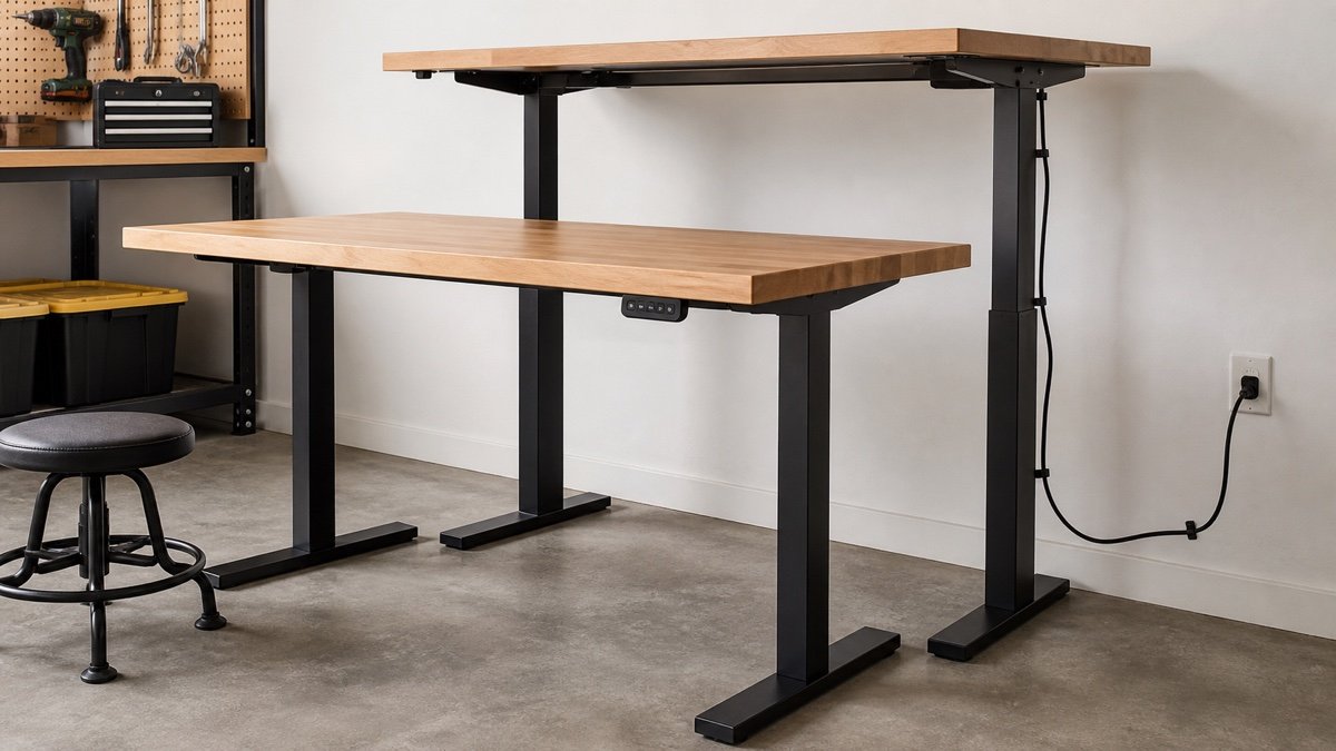 Electric adjustable wood workbench lowered for a garage stool with a second bench raised behind it