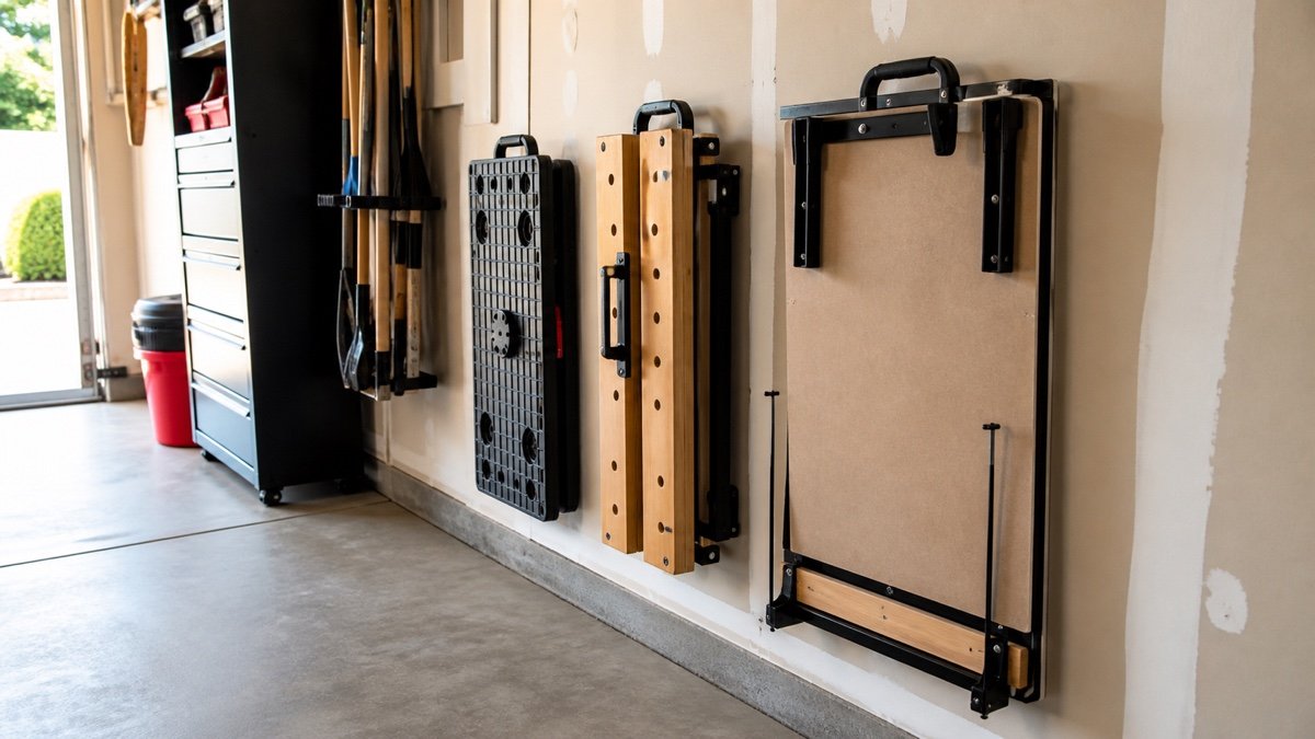 Folding workbenches stored vertically in dedicated garage wall positions