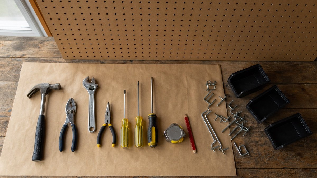 Lay out the tools before touching the hooks in a practical garage setup