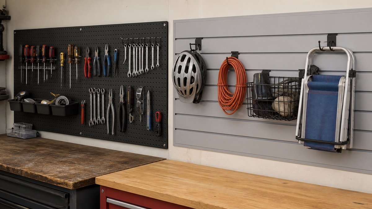 Pegboard suits small tools and frequent changes in a practical garage setup