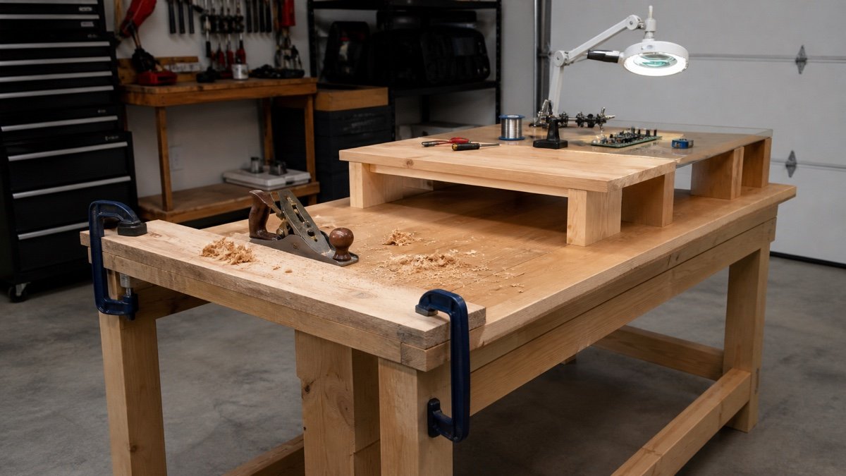 One workbench arranged at lower and raised working levels for different tasks