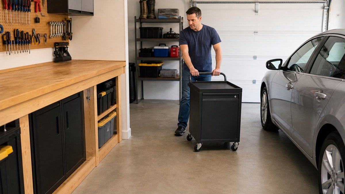 Man turning a rolling tool cart through the aisle between a garage workbench and a parked car