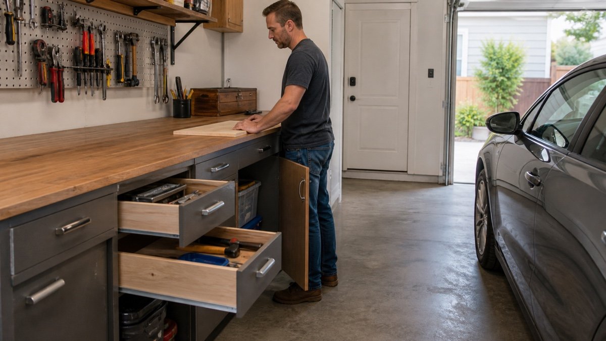 Man working at a garage bench with several drawers and a cabinet door open beside a parked car