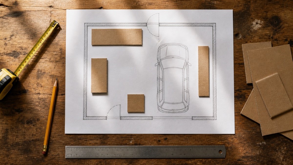Paper garage plan with car sketch and movable cardboard rectangles for workshop equipment