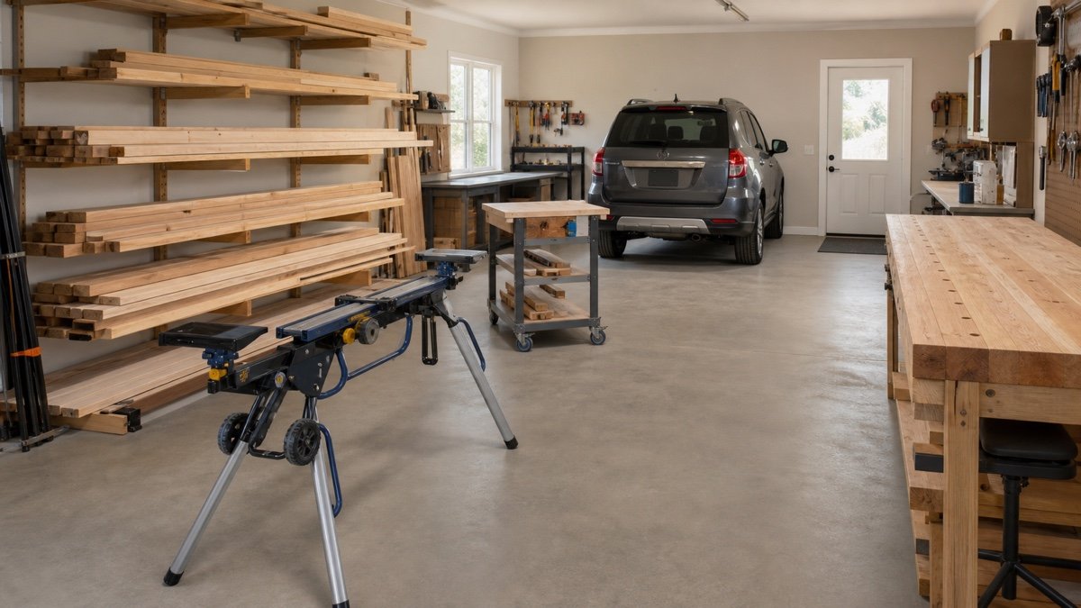 Garage layout with long lumber racks, portable saw stand, rolling material cart, parked car, and side workbench
