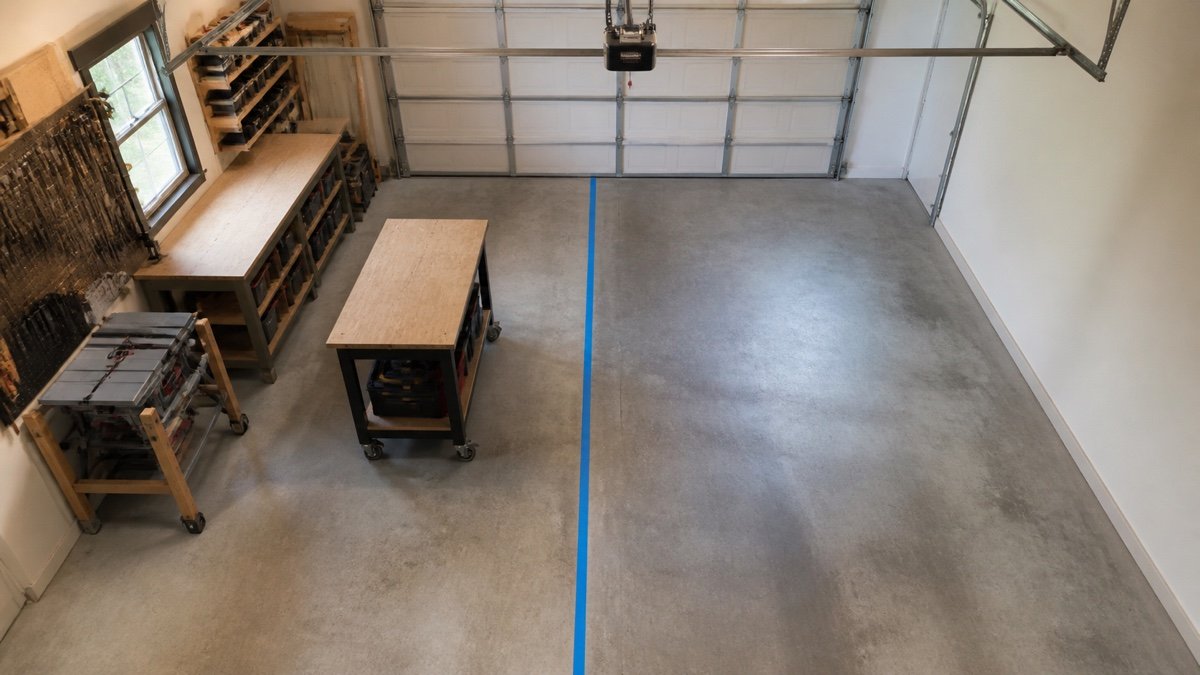 Overhead view of a taped center boundary with workbenches and rolling tools confined to one garage bay