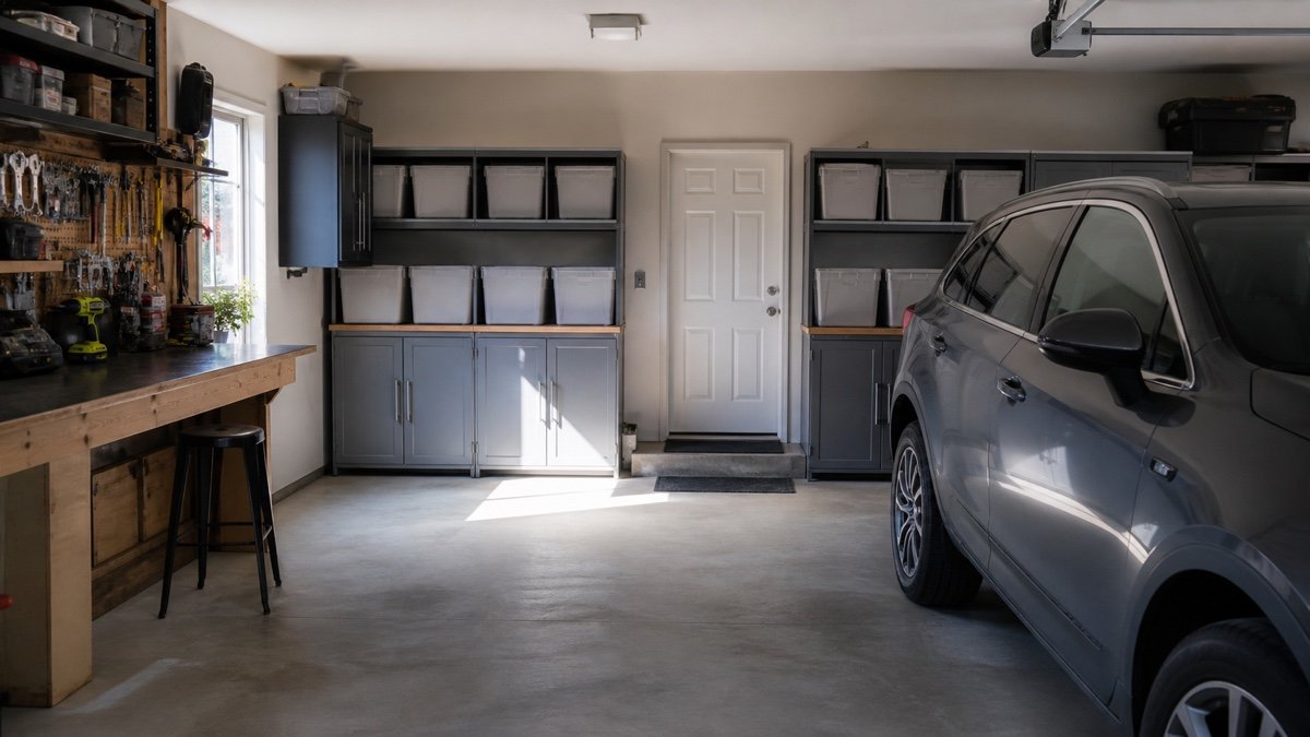 Shared garage rear wall with storage cabinets between a side workbench and a parked SUV