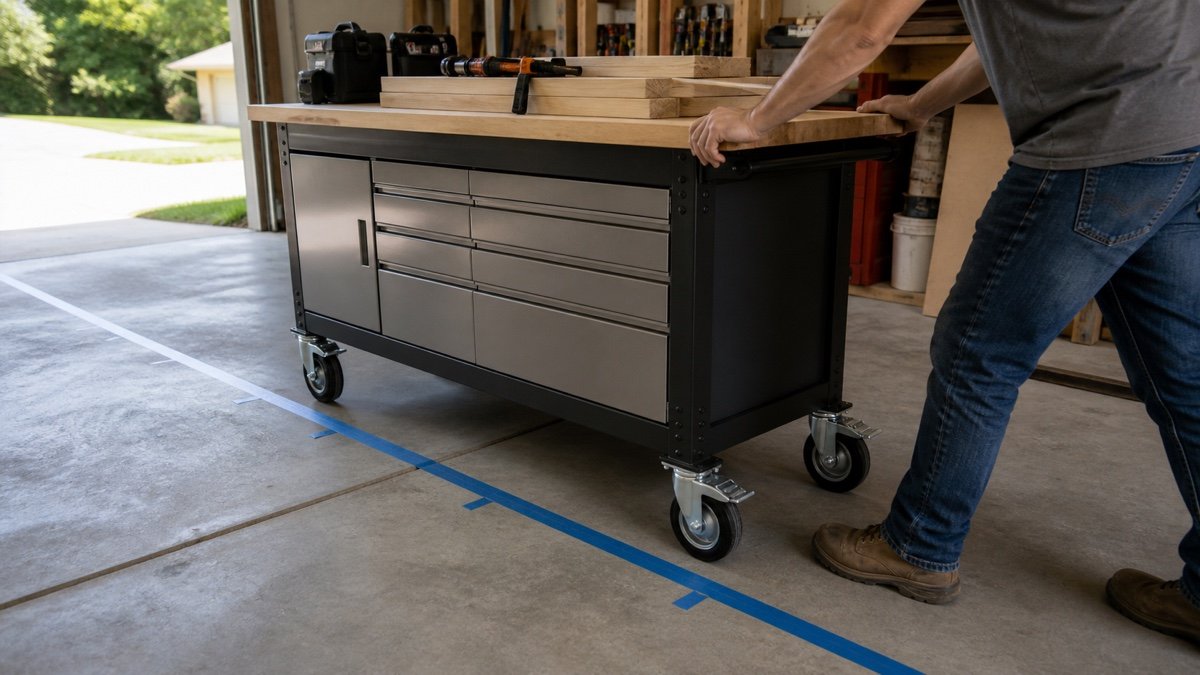 Loaded mobile workbench crossing a marked route on locking casters