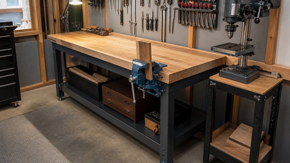 Fixed garage workbench with vise and mounted drill press station