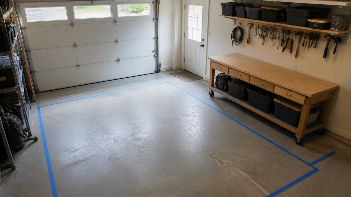 Taped car footprint next to a mobile wood workbench and wall tool storage