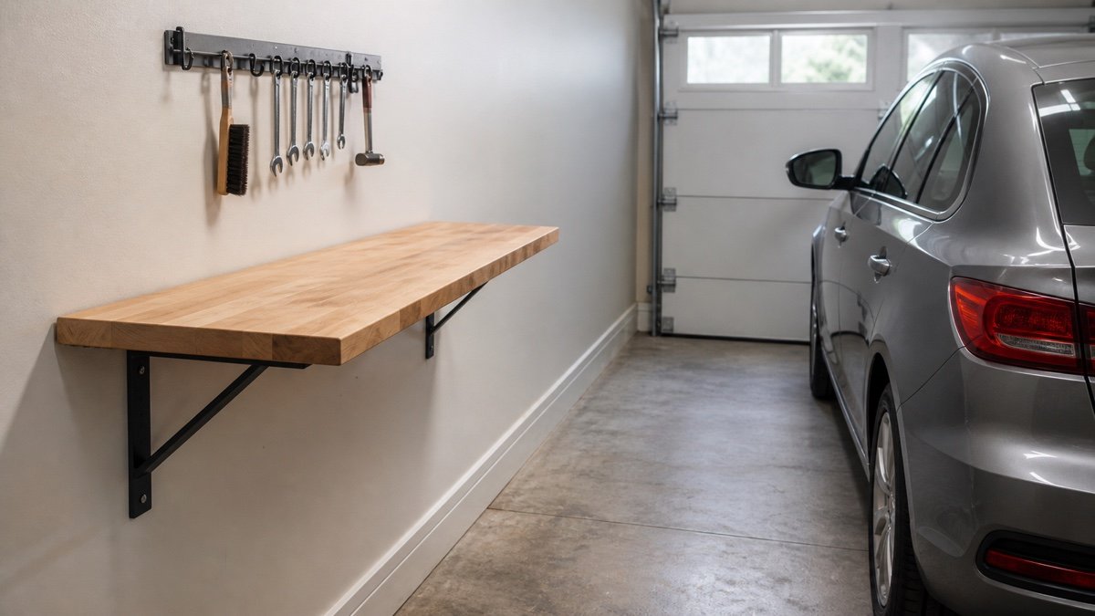 Twenty inch deep wall bench next to a parked car in a narrow garage