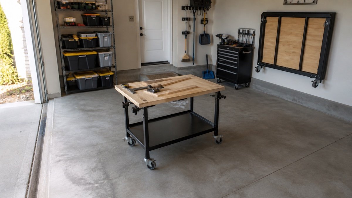 Compact rolling workbench placed in the center of an open garage bay