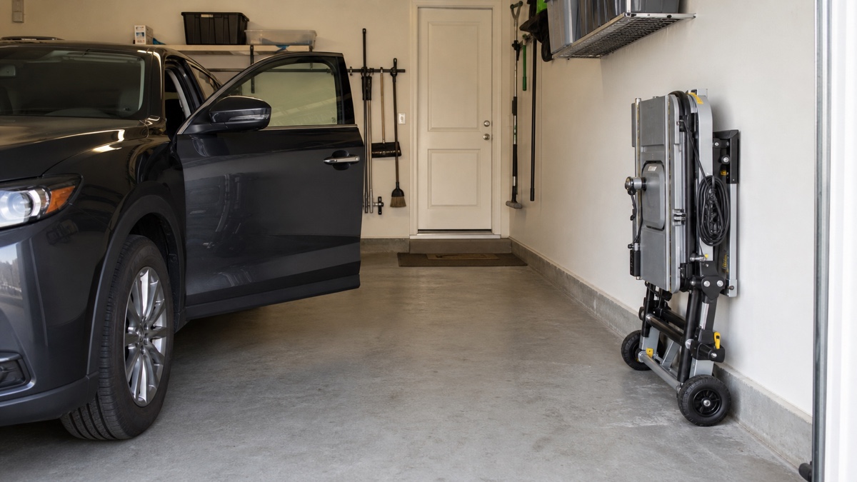 Mobile table saw parked against a garage wall with its operating position taped beside a vehicle