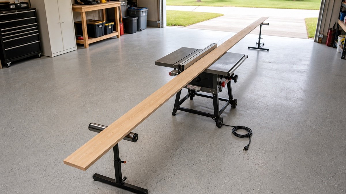 Overhead view of a garage table saw with the full infeed and outfeed stock path marked on the floor