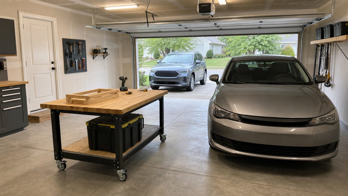 Mobile workbench open in the vacant left garage bay beside a parked silver sedan