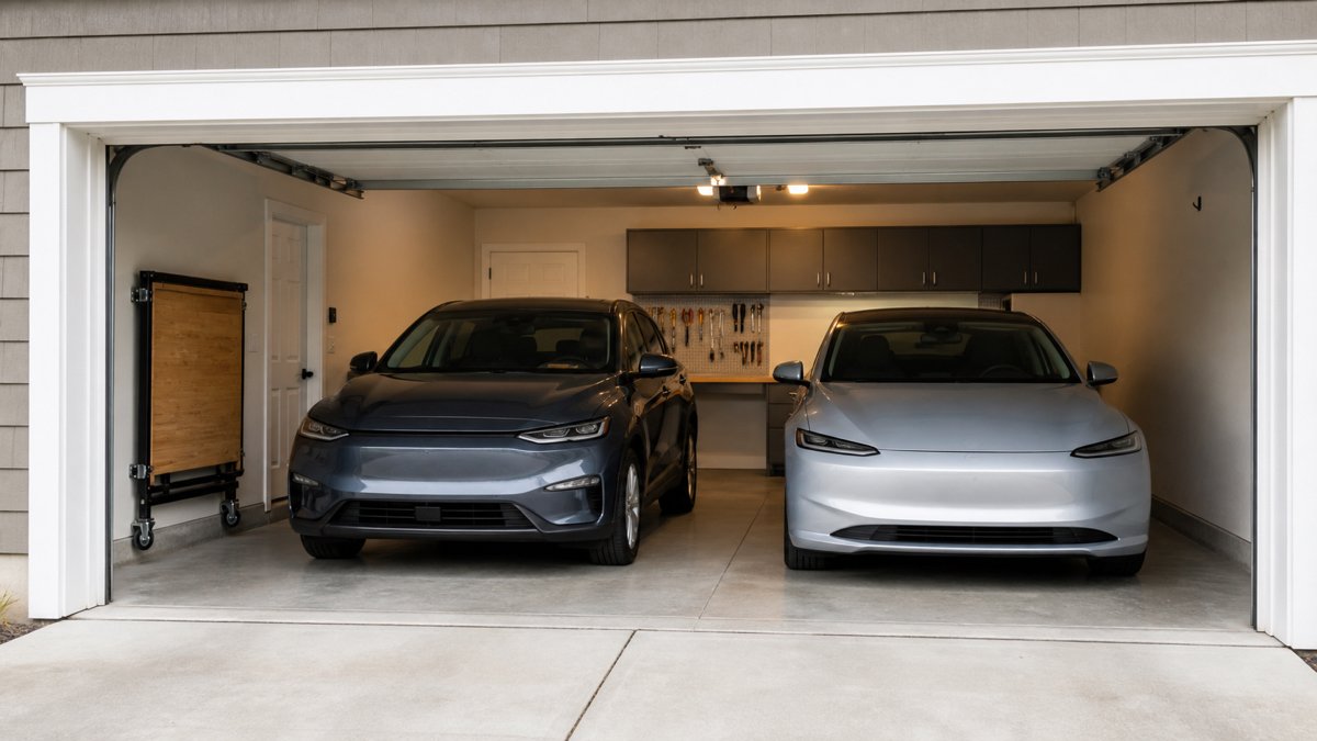 Two cars in parking mode beside an upright folding workbench and shallow rear tool storage