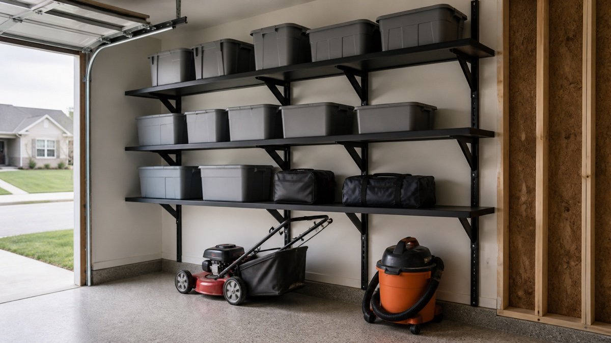 Where wall-mounted shelves earn their place in a practical garage setup
