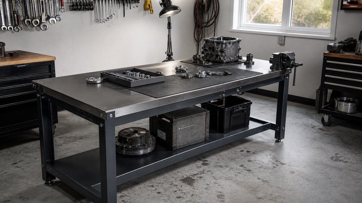Steel workbench set up for mechanical parts in an organized garage