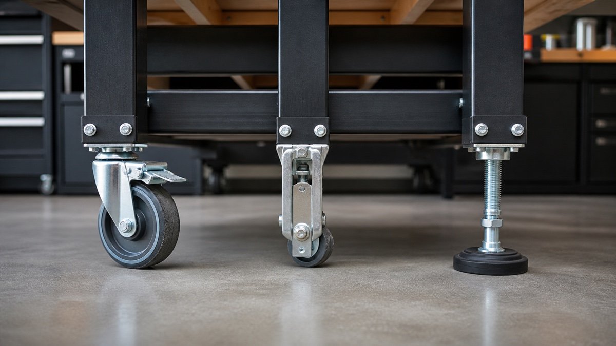 Total lock caster, retractable caster, and leveling foot hardware under a bench