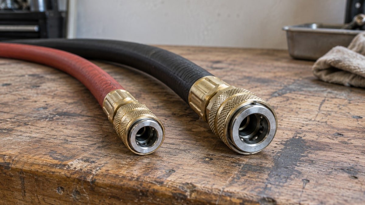Two air hose diameters compared with matching unbranded couplers