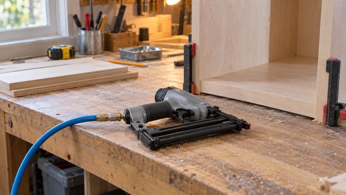 Compact quarter inch air hose connected to a finish nailer in a garage