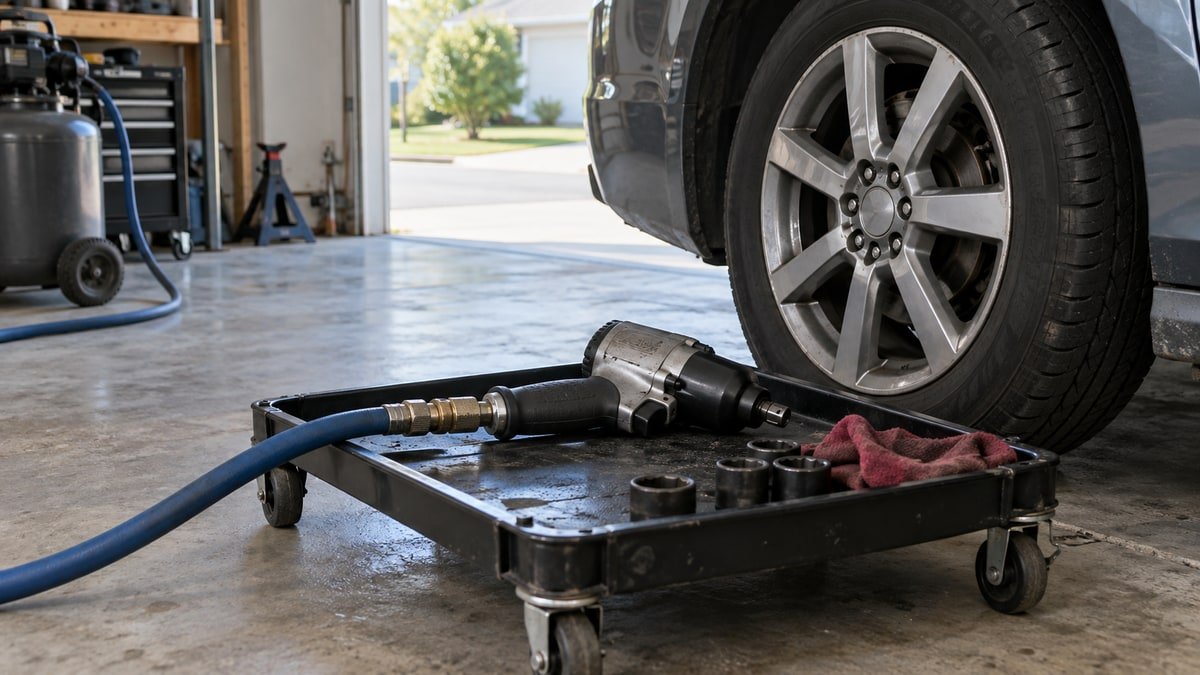 Three eighths inch air hose supplying an impact wrench in a home workshop