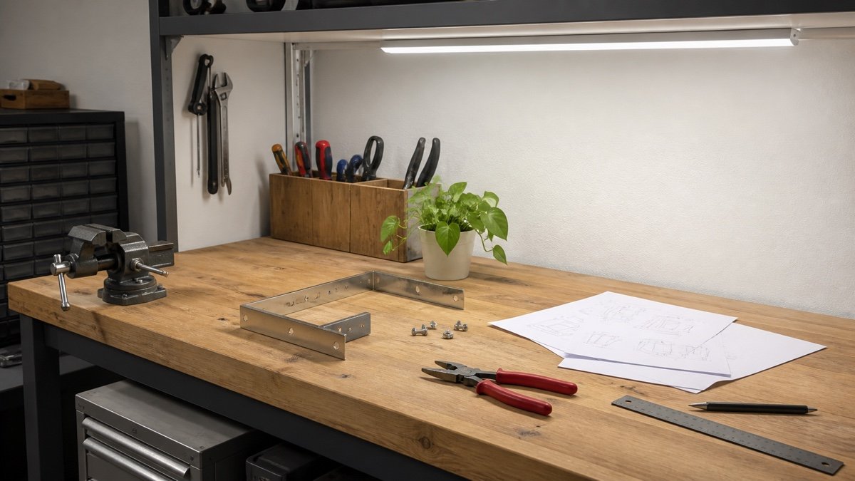 Wood and painted metal samples under neutral 4000K garage lighting