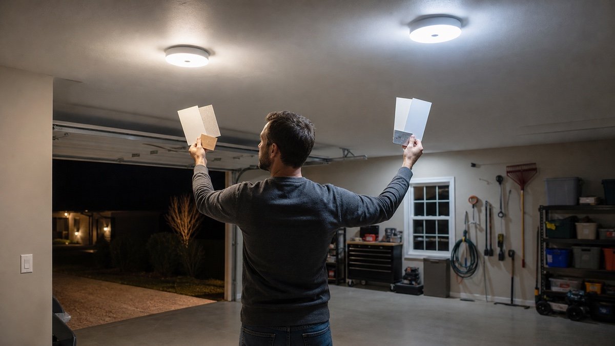Two sample LED fixtures being compared in a finished garage