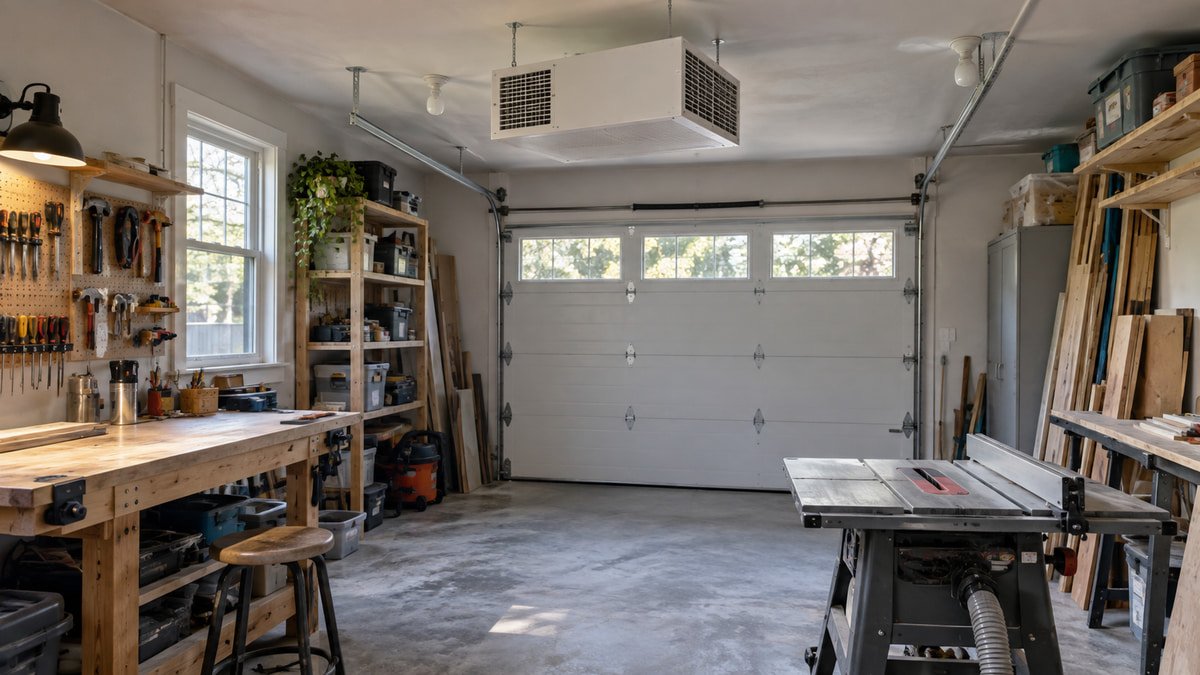 Small garage workshop with a ceiling air cleaner above an open work area