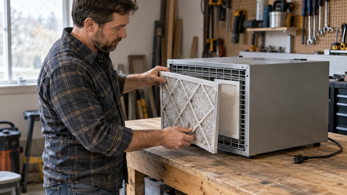 Homeowner replacing the prefilter on an unplugged workshop air cleaner
