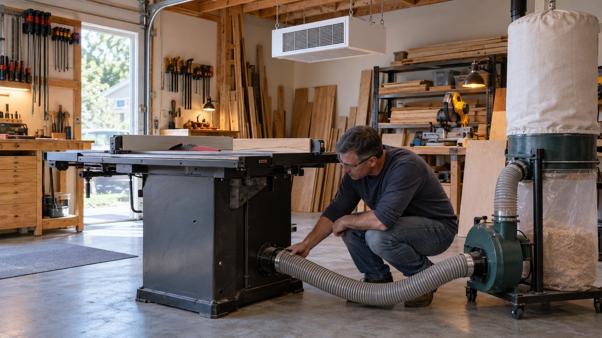 Table saw with source dust collection and an overhead ambient air cleaner