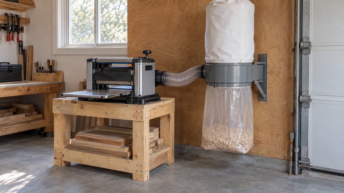 Wall mounted bag dust collector beside a benchtop planer in a garage