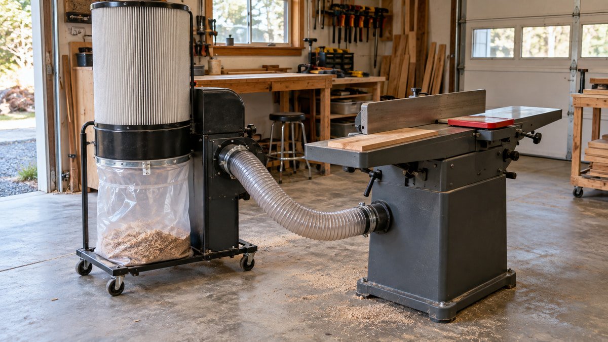 Canister dust collector connected to a jointer with a short flexible hose