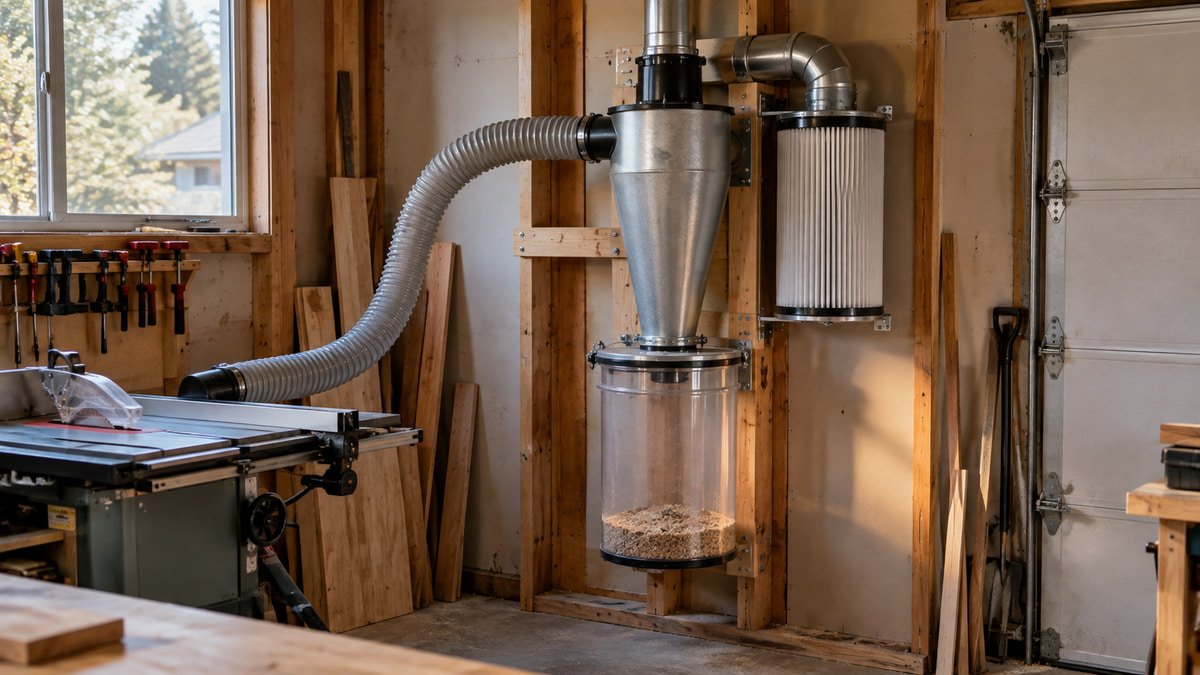 Compact cyclone dust collector with a clear collection drum in a home shop