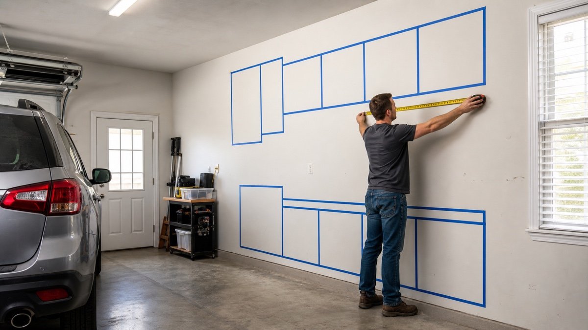Homeowner measuring a garage wall for affordable storage cabinets