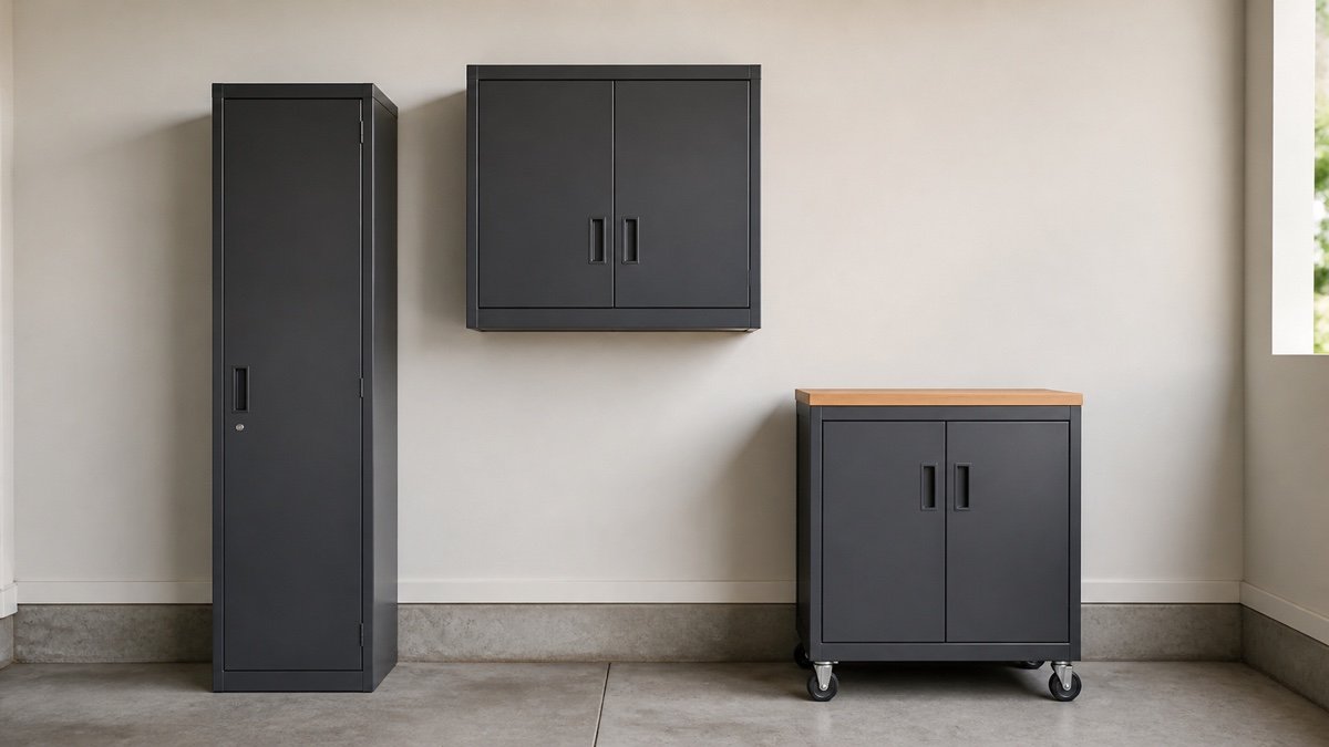 Tall wall and rolling garage cabinets compared against one wall