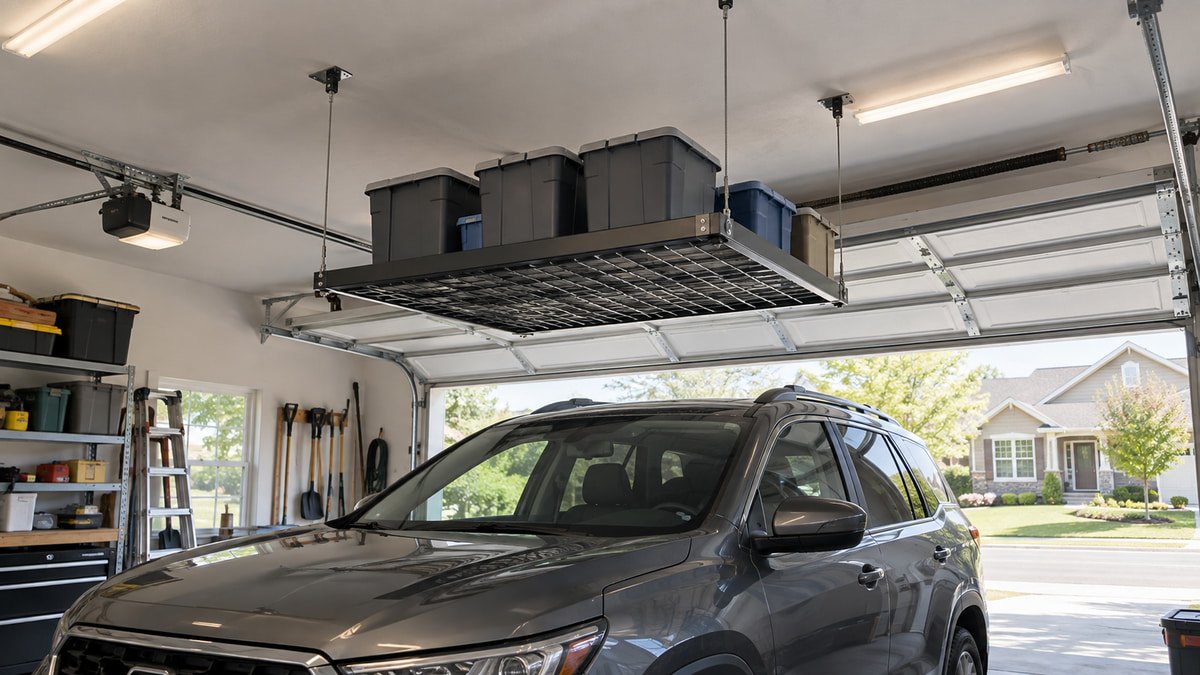 Ceiling storage lift raised above an SUV with clear door track space
