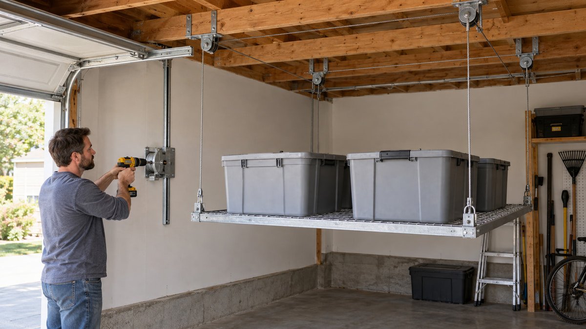 Drill powered garage ceiling lift holding evenly spaced lightweight totes