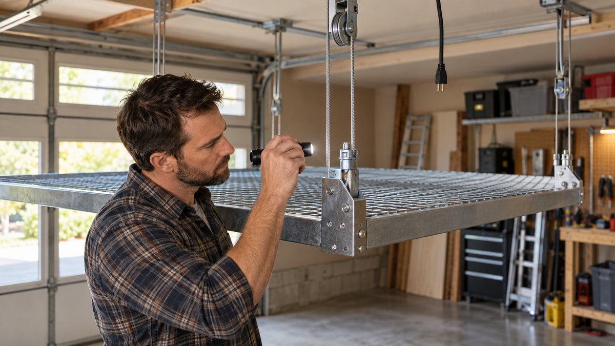 Garage owner inspecting lift cables and platform corners from floor level