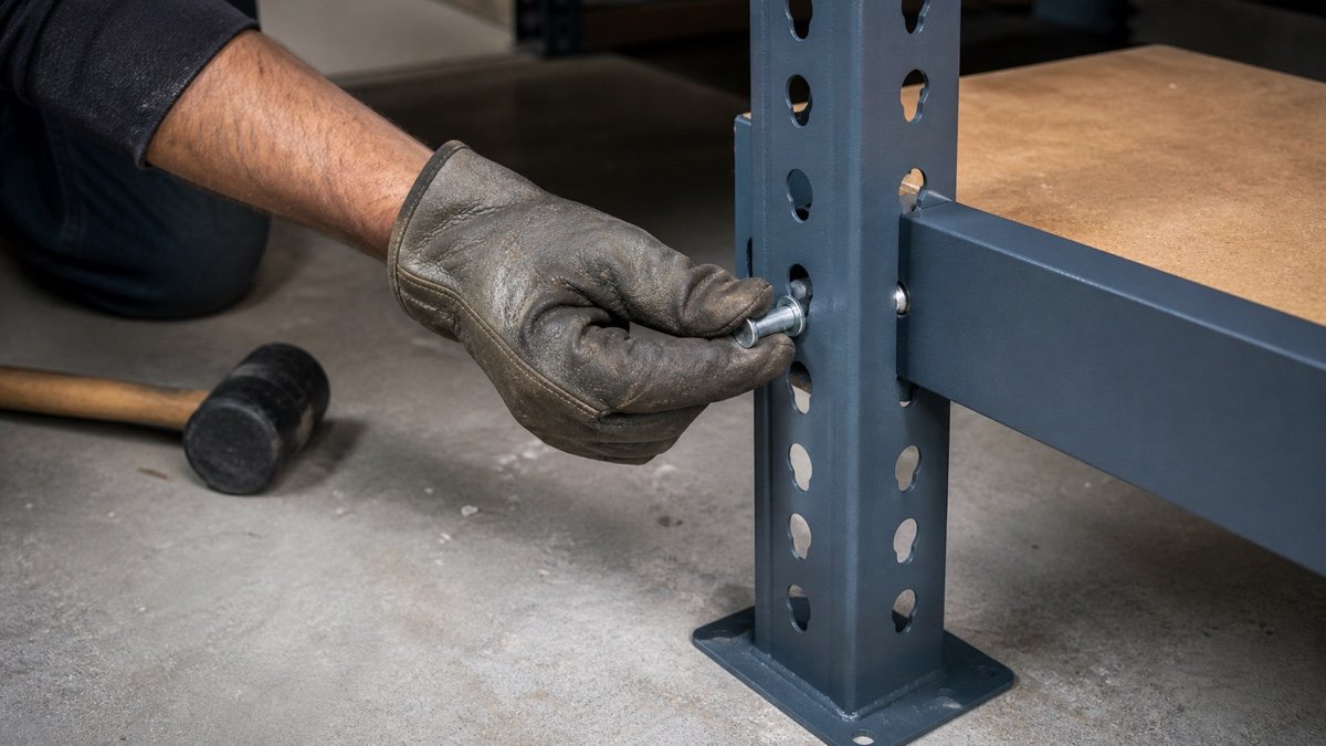 Close view of organized storage bins on steel garage rack shelves