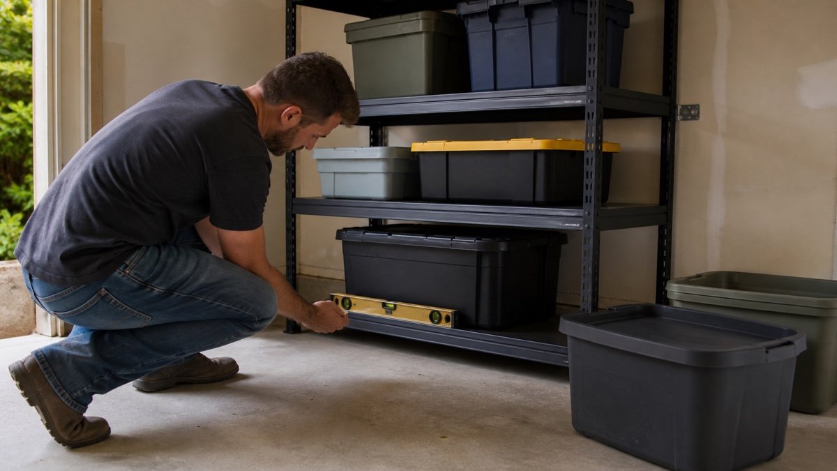 Four shelf garage rack beside a work area with clear floor aisle