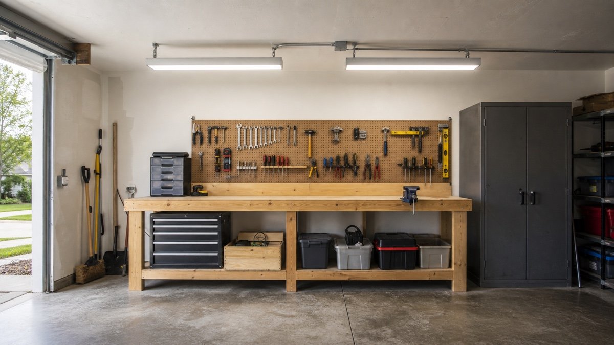Four-foot LED shop lights mounted over a garage workbench and tool wall