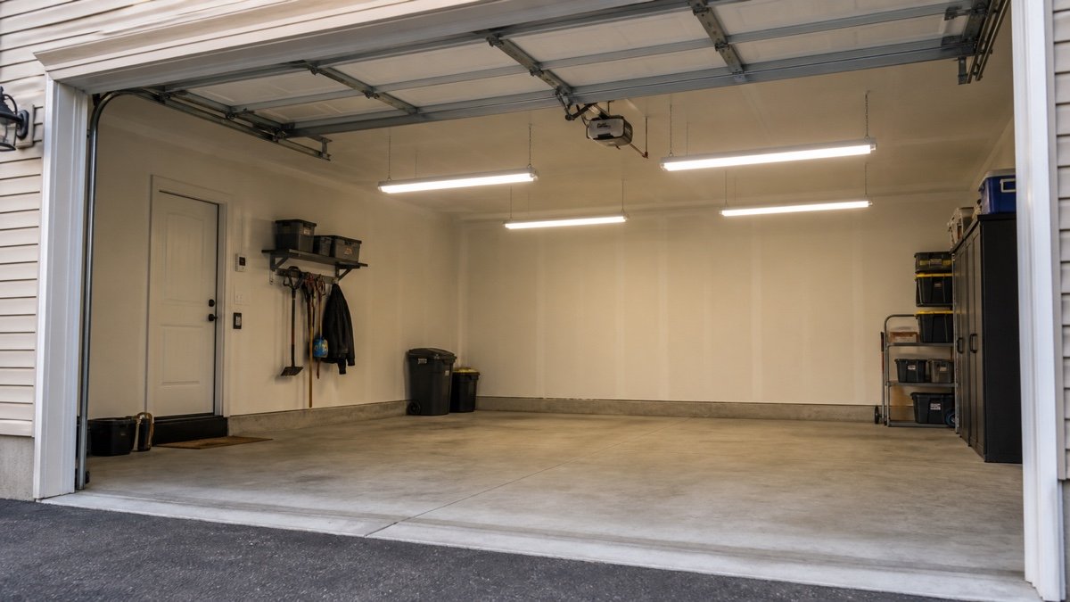 Linkable hanging LED fixtures arranged in two rows above an open garage bay