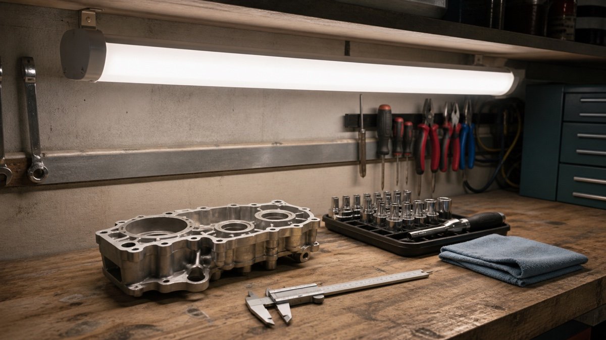 Close view of a diffused LED shop light above detailed mechanical work