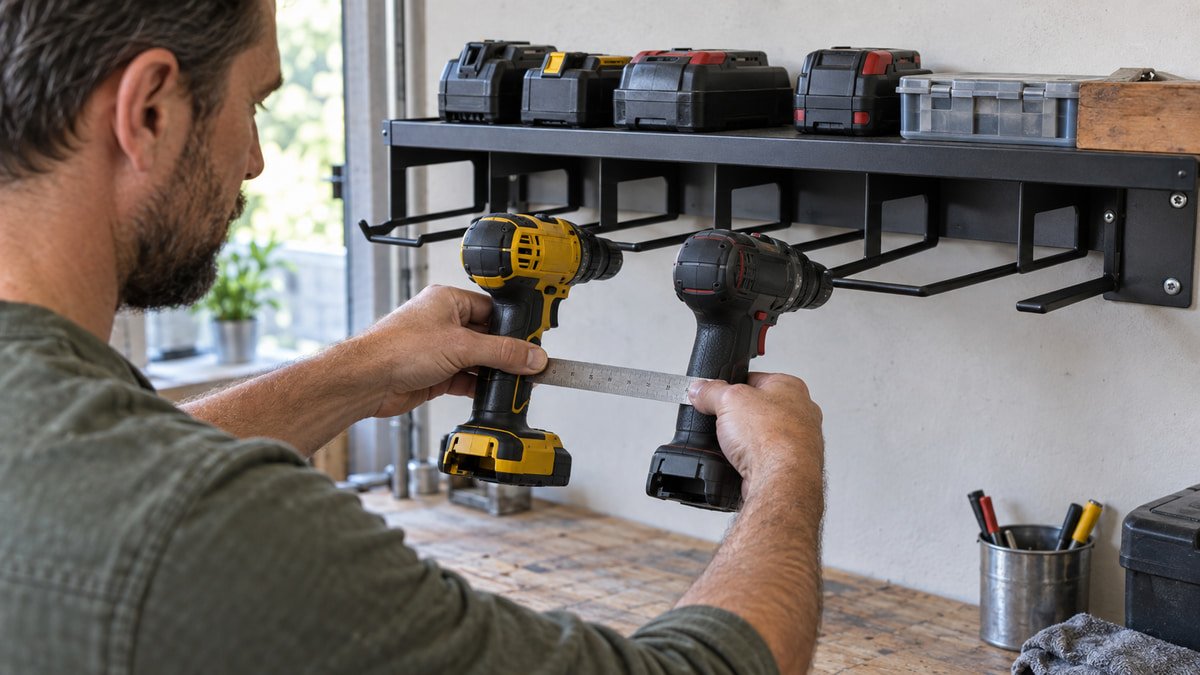 Homeowner measuring cordless drill bodies against metal rack openings